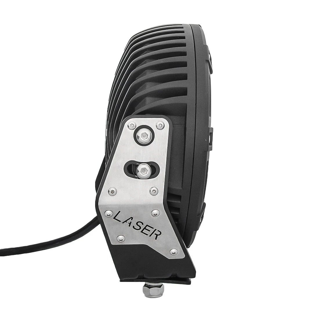 Side view of the driving light showing the 360 degree adjustable bottom bracket and die-cast aluminium housing