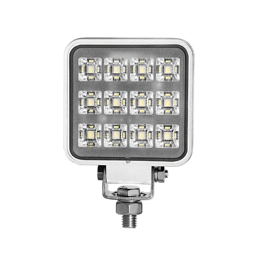 Side view of the square LED work light showing the 360 degree adjustable bottom bracket and 36mm width