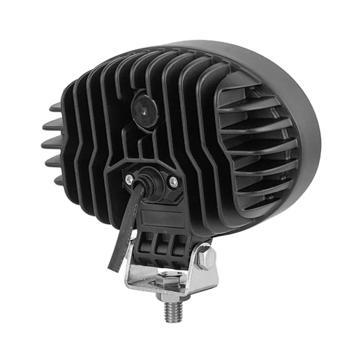 Side view of the oval LED work light showing the polycarbonate lens and 360 degree adjustable mounting bracket