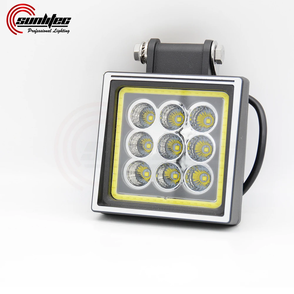 Rear view of the square LED work light showing the die-cast aluminium heat sink fins and IP68 sealing