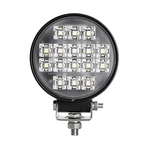 Front view of the round LED work light showing the 16 Osram LED array and polycarbonate lens