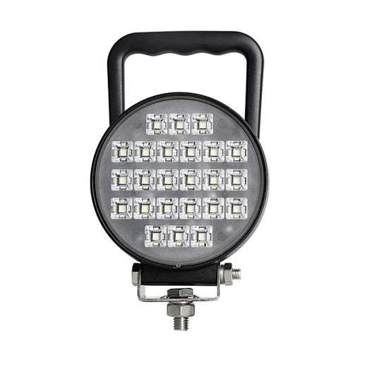 Side view of the round LED work light showing the 360 degree adjustable bottom bracket and 42mm base