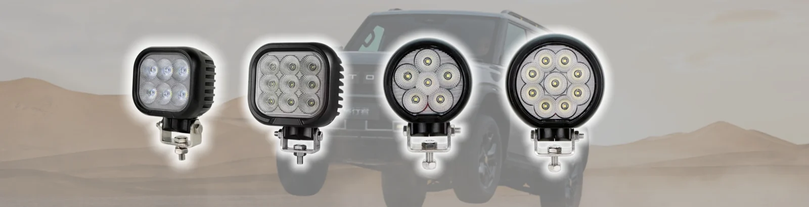 Four Sunlitec round LED work lights above a desert trail scene