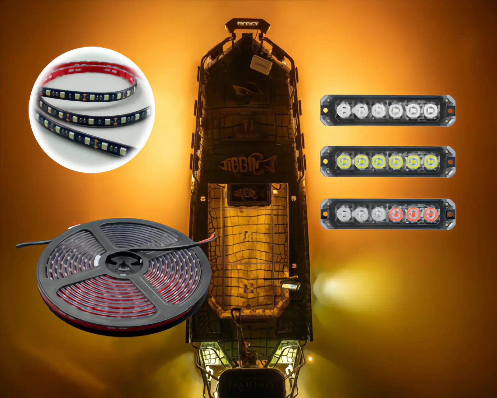Sunlitec LED strip light reels and LED light bars shown with an off-road vehicle