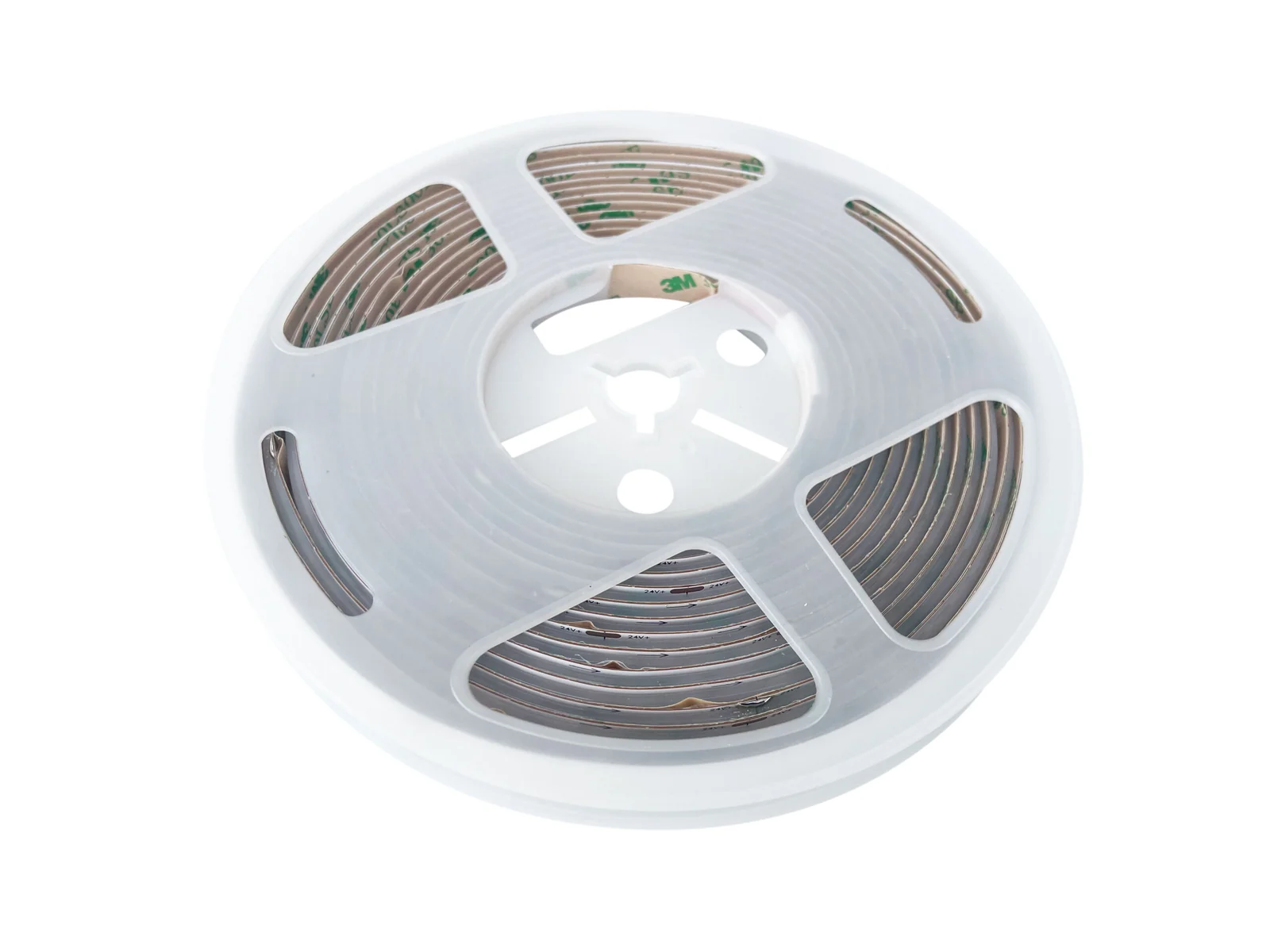 Coiled Sunlitec LED strip light on a white reel