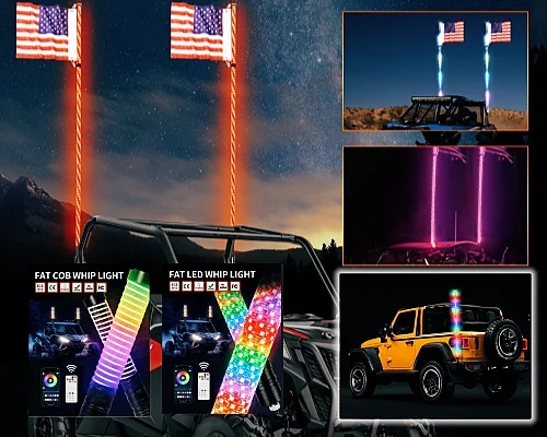 Sunlitec RGB LED whip lights fitted to UTV and buggy vehicles