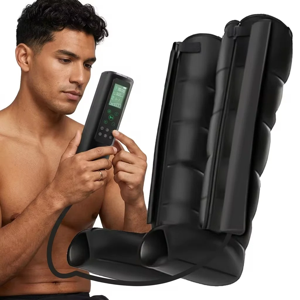 Athlete using air compression recovery boots on both legs