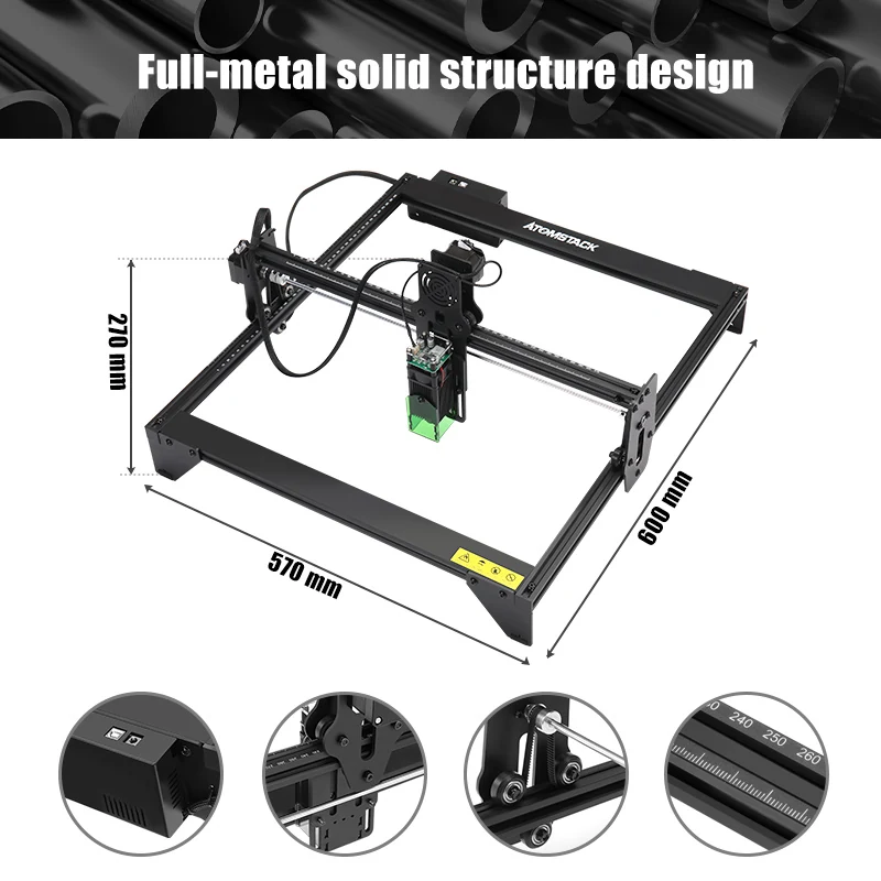 Laser engraving machine marking a stainless steel panel with a logo