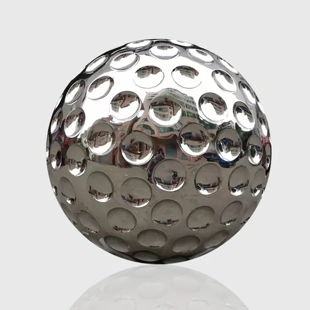 Stainless steel golf sculpture mounted on a building facade with natural light