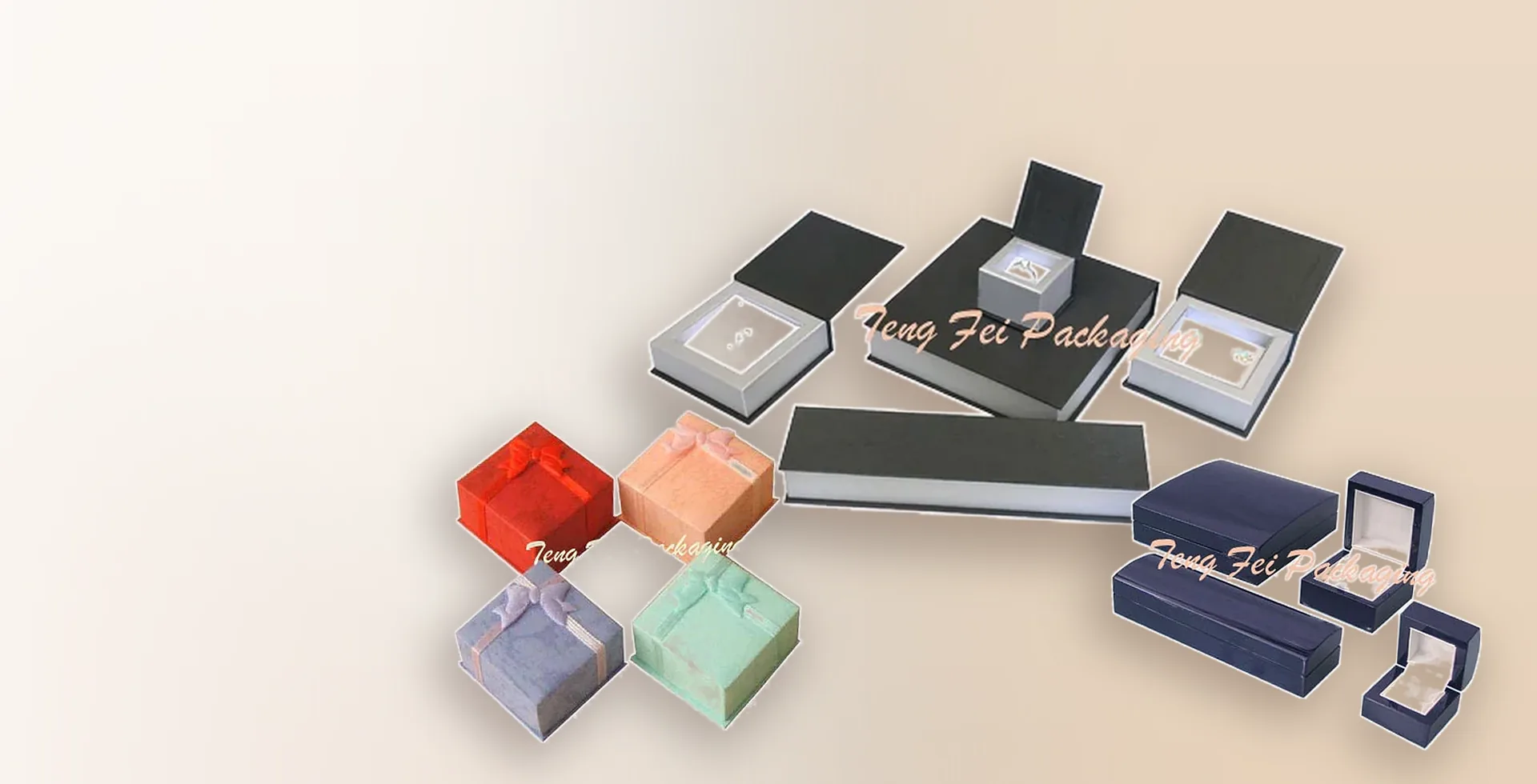 Rigid card and wooden jewellery box ranges from Teng Fei Packaging, shown open with velour and PU leather interiors