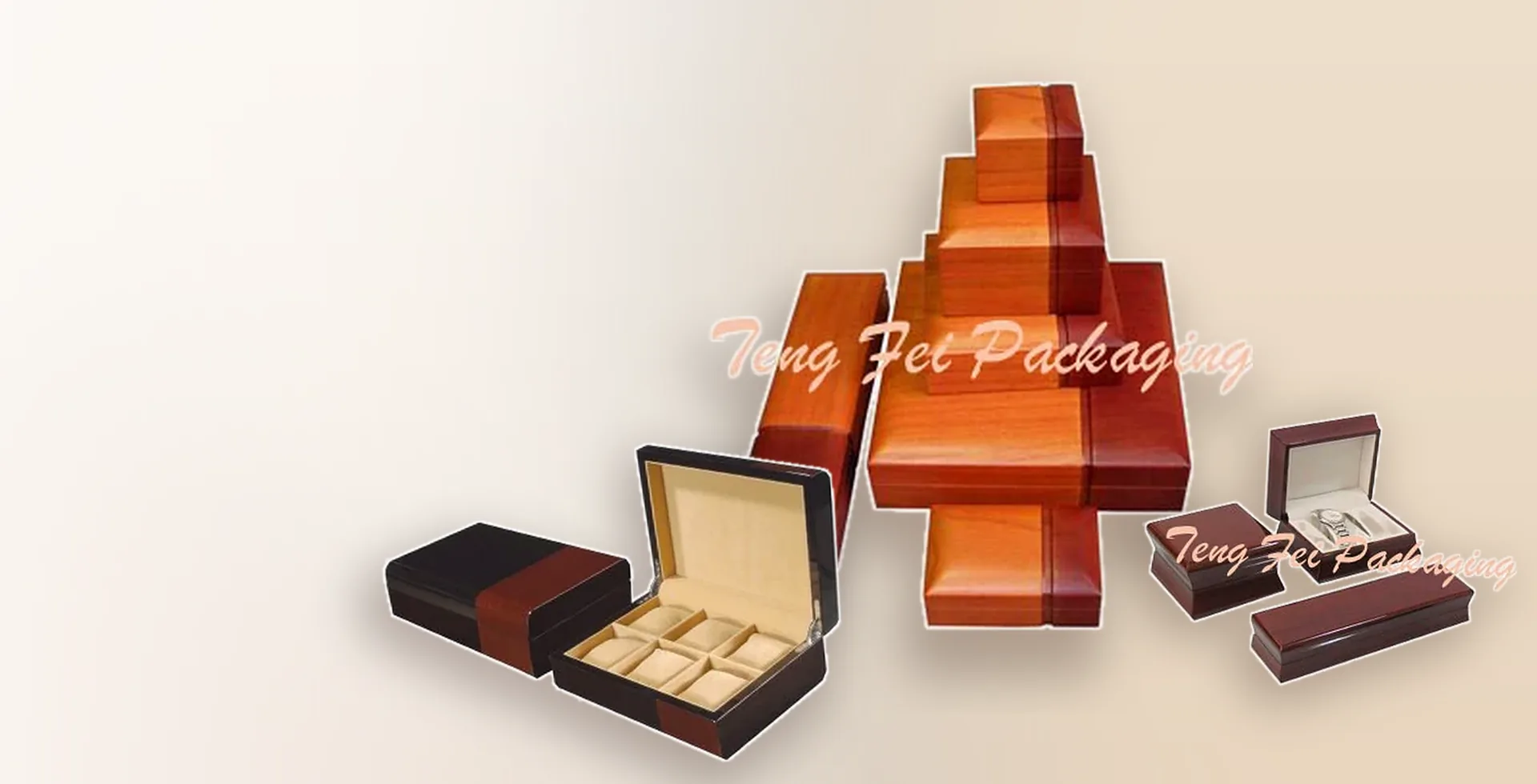 Lacquered wooden jewellery and watch boxes from Teng Fei Packaging, including a six-slot watch display case
