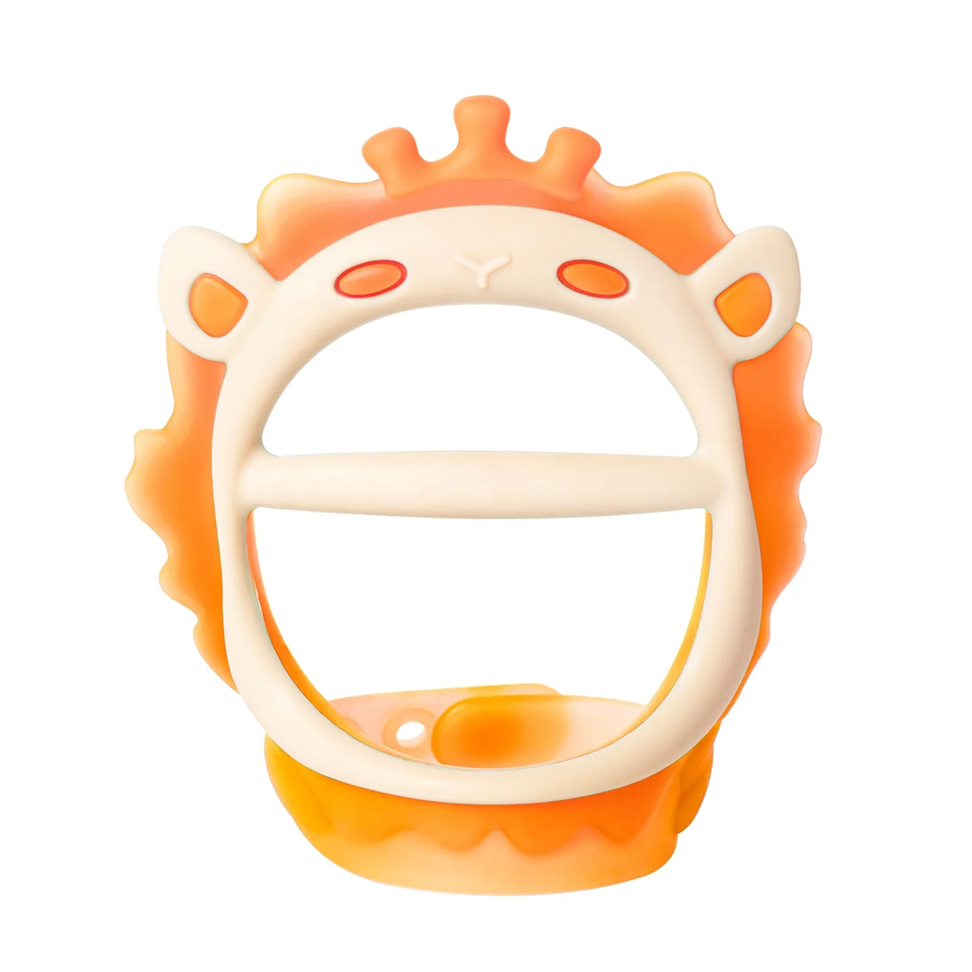 Lion-shaped wearable teether toy in pink with adjustable wrist strap