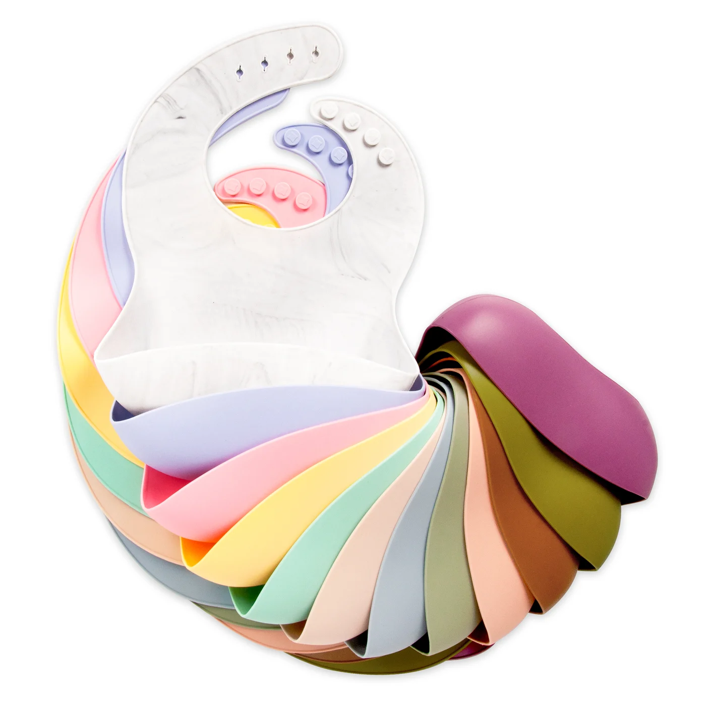 Pink adjustable silicone baby bib with four buttons and large front pocket