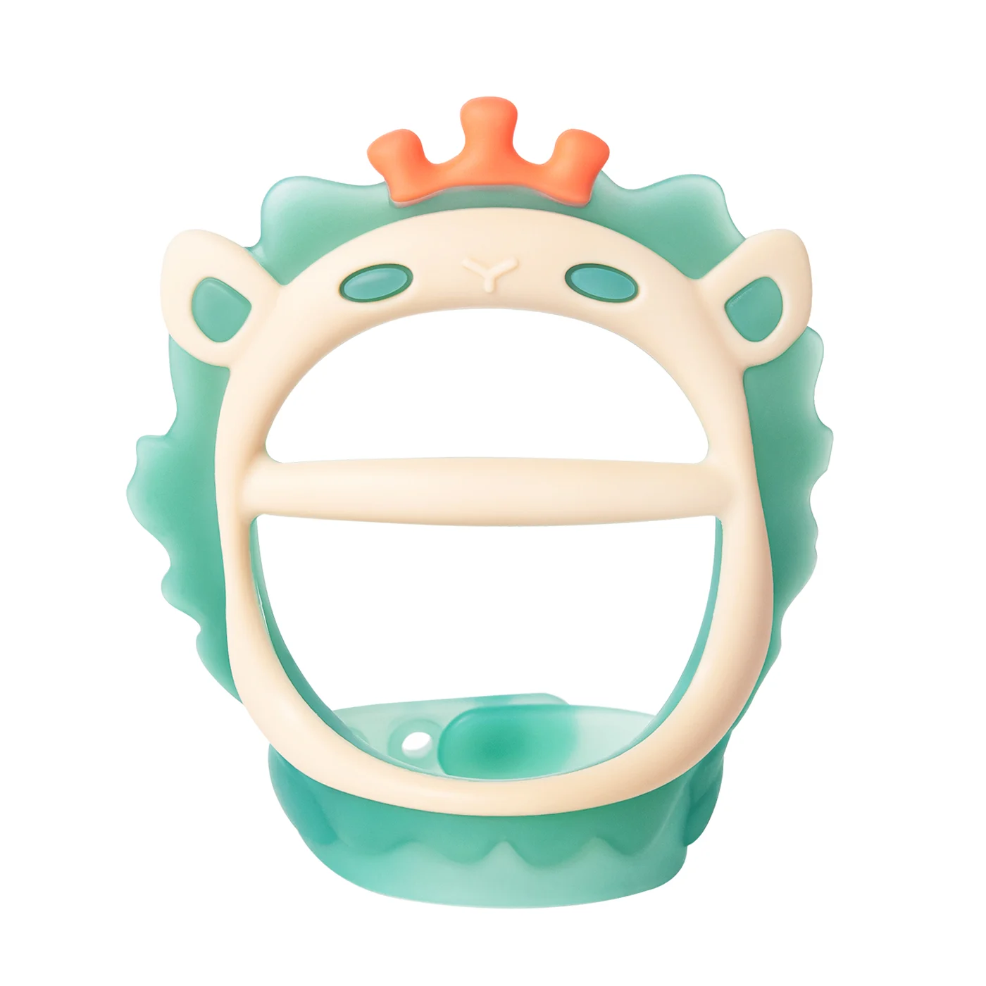 Lion teether toy in blue with wrist strap fully extended