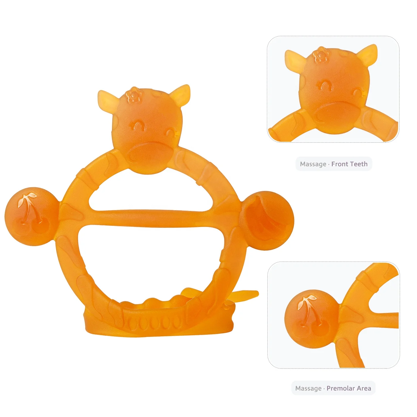 Teether standing upright with central handle and bracelet loop