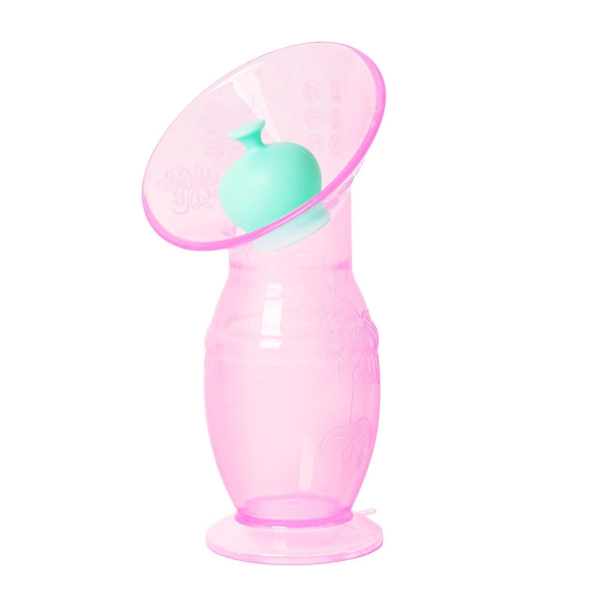 Silicone breast pump attached to a breast model, showing suction seal