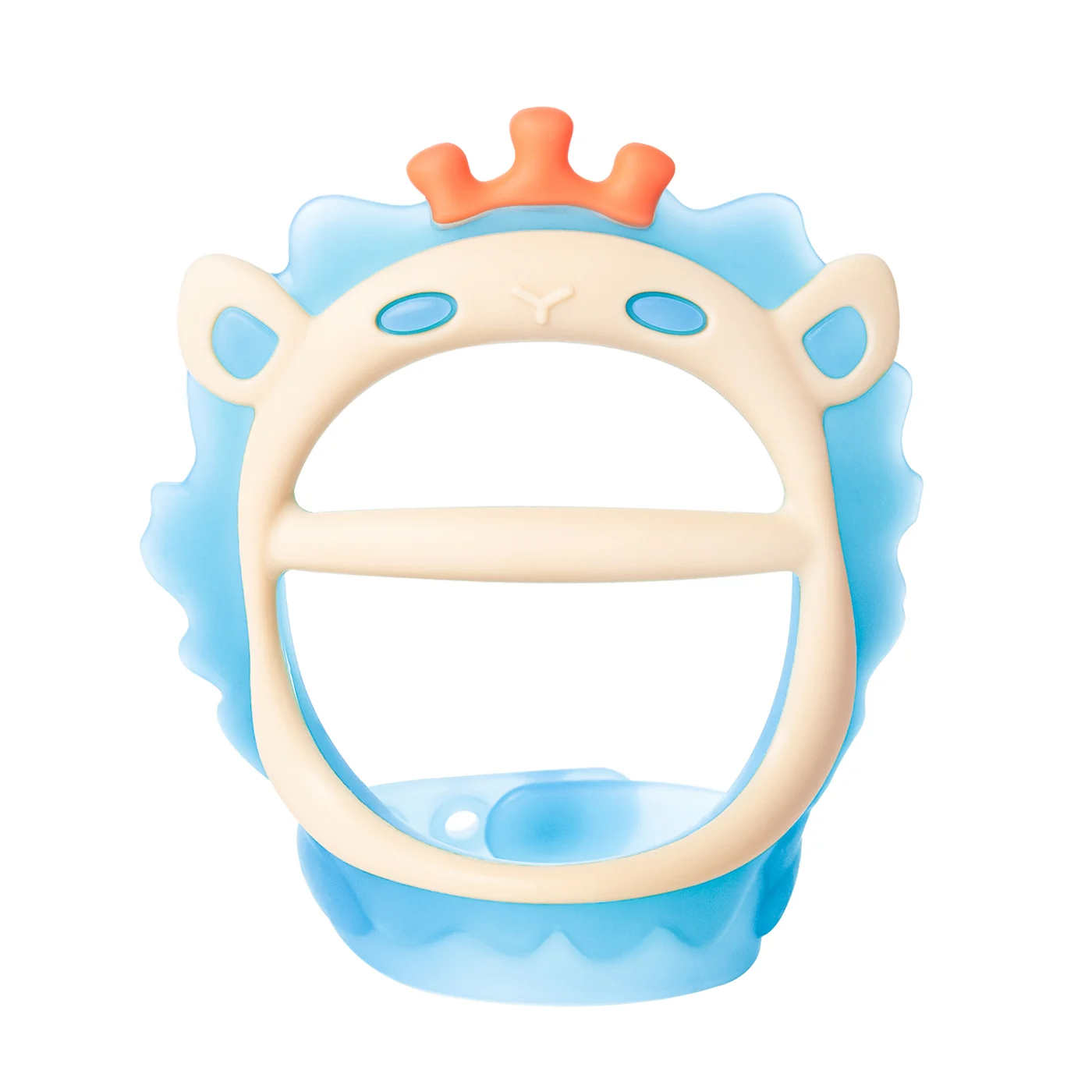 Lion teether toy in green with close-up of chewing points