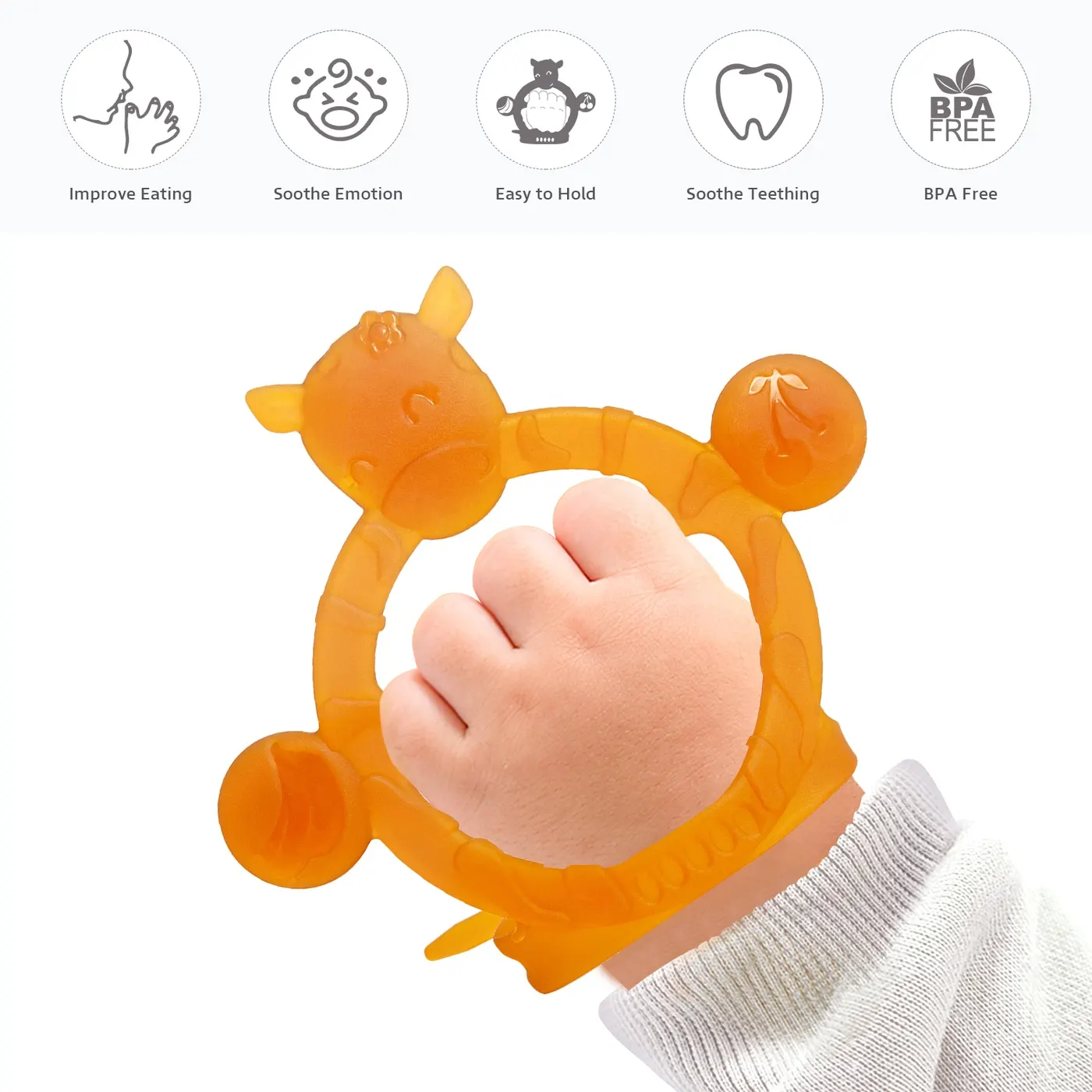 Teether viewed from the side, showing the soft, flexible body