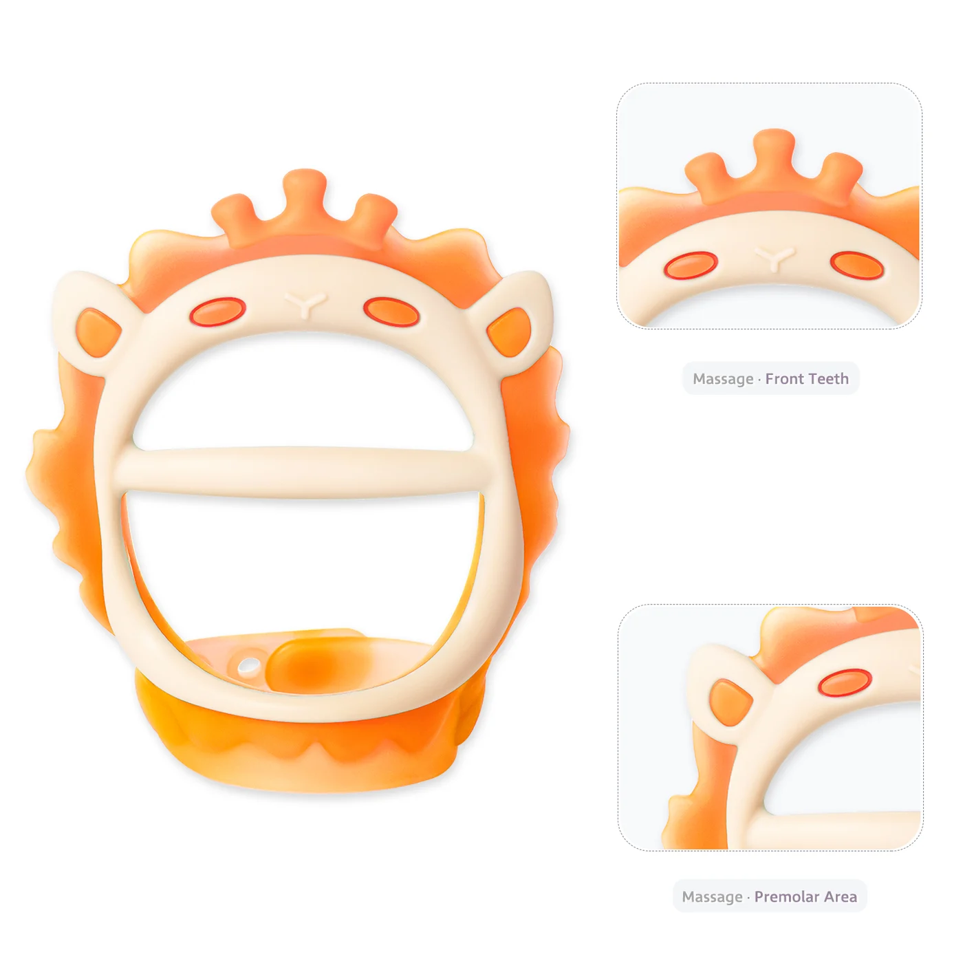 Lion teether toy with wrist strap adjusted to small hand size