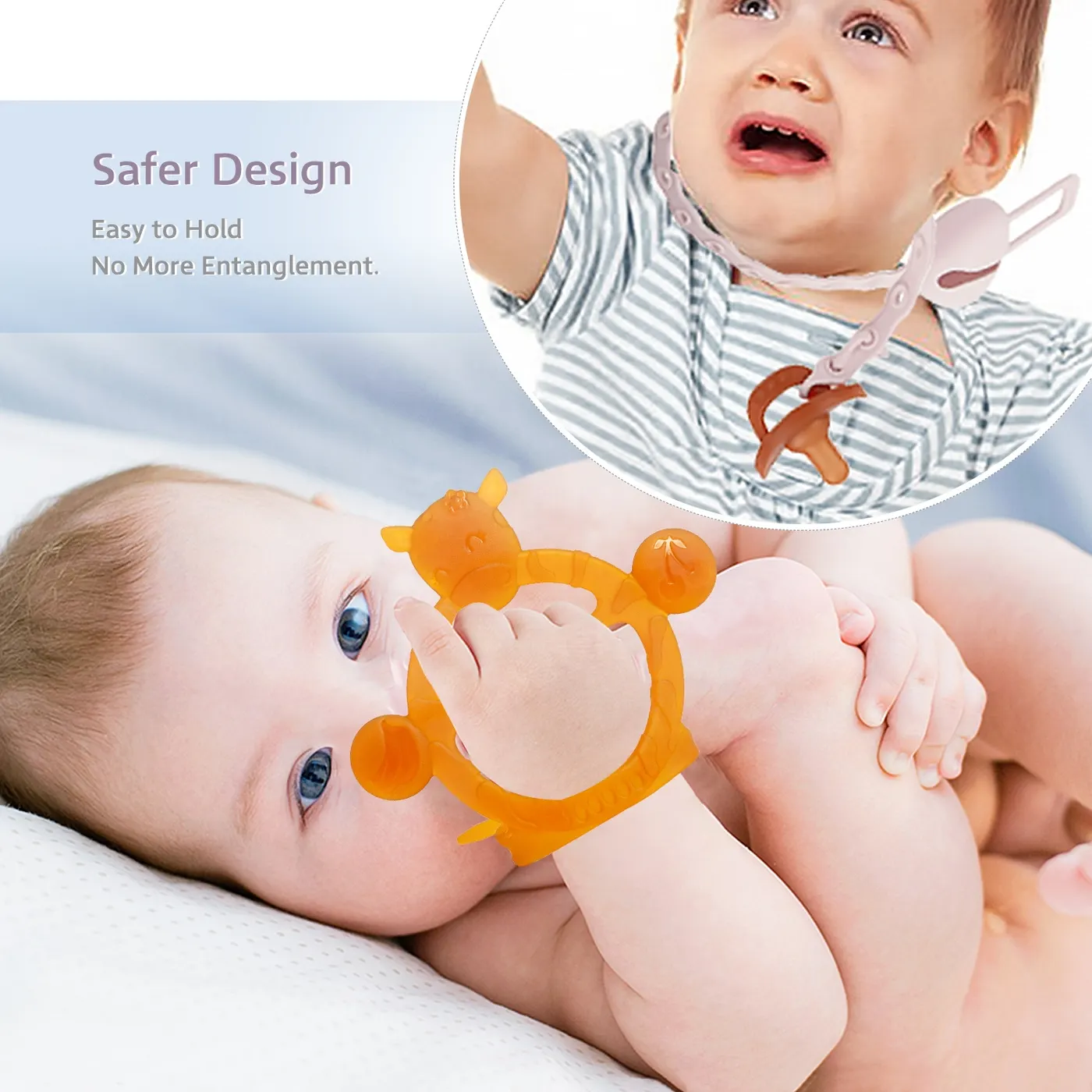Teether with the bracelet fully extended and looped around a hand
