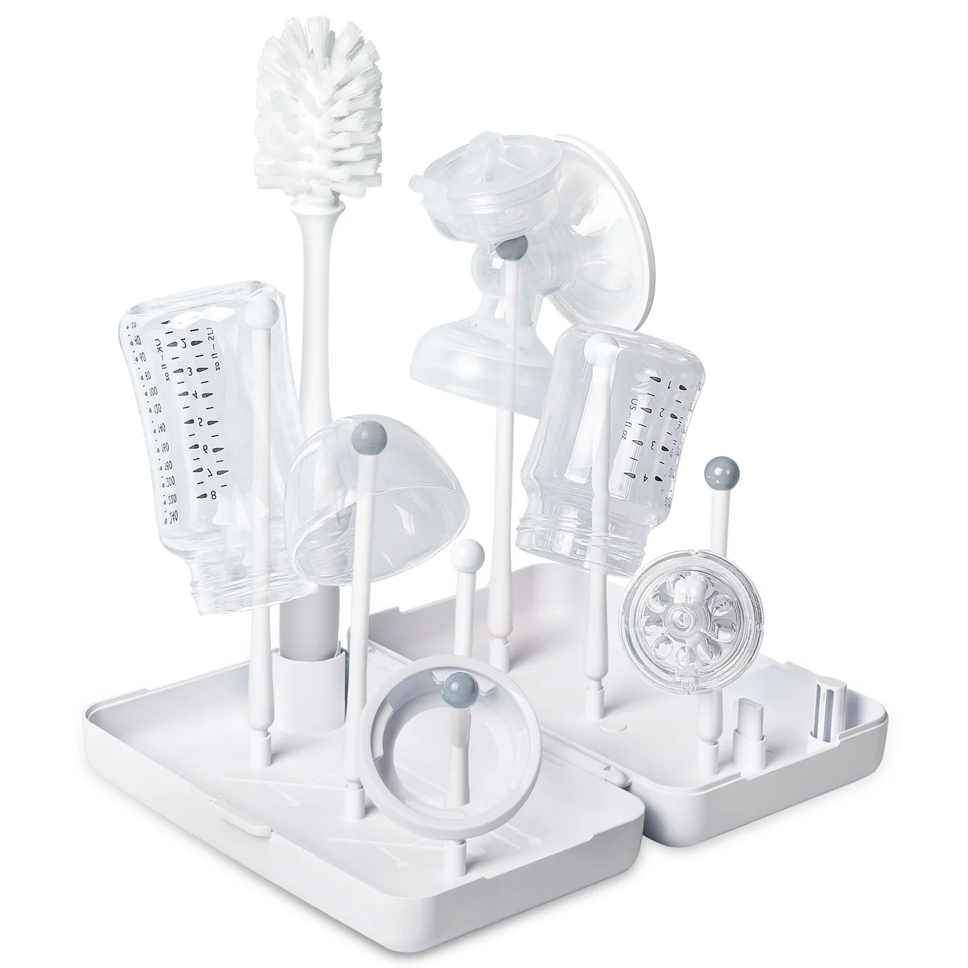 Baby bottle drying rack in storage box, open with stands extended