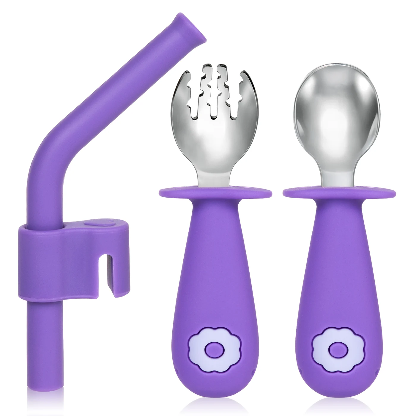 3-set baby feeding utensil set with stainless steel spoon, fork, and silicone straw on a multifunctional base