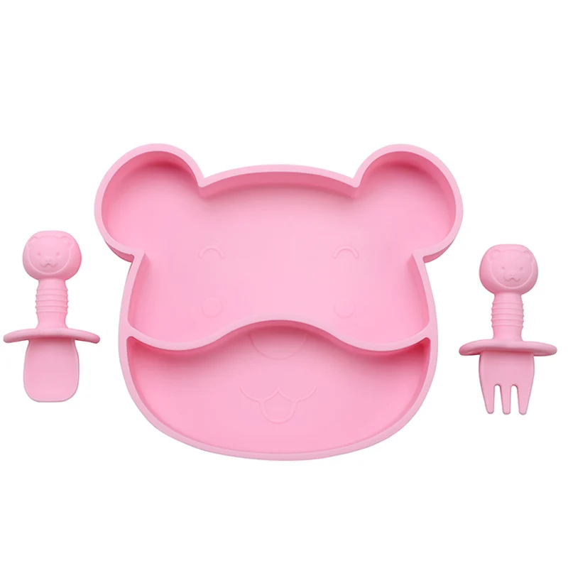 Silicone suction bowl set with spoon and fork, bear-shaped design, pink and white