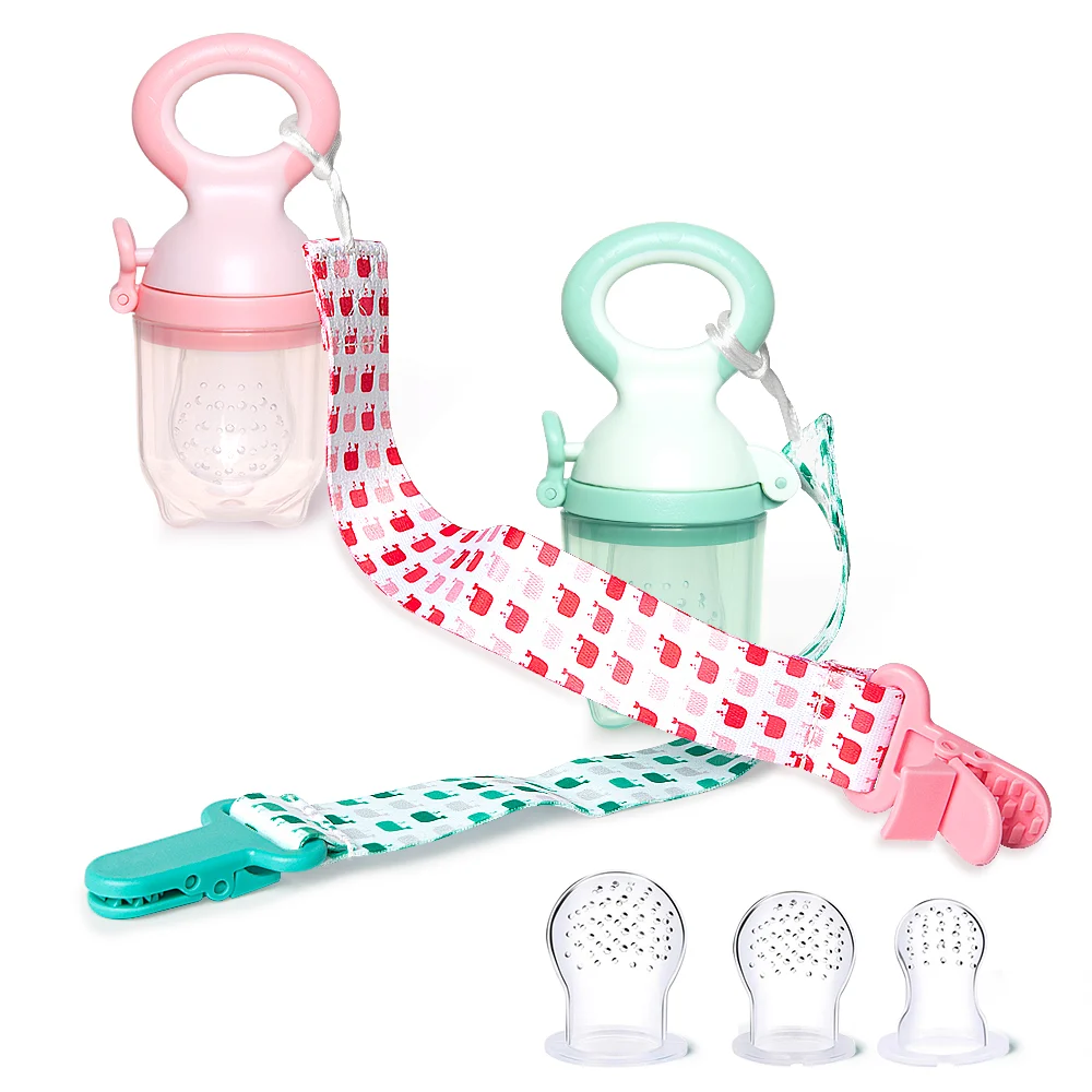 Baby silicone fruit pacifier with clip in white, showing the lid closed