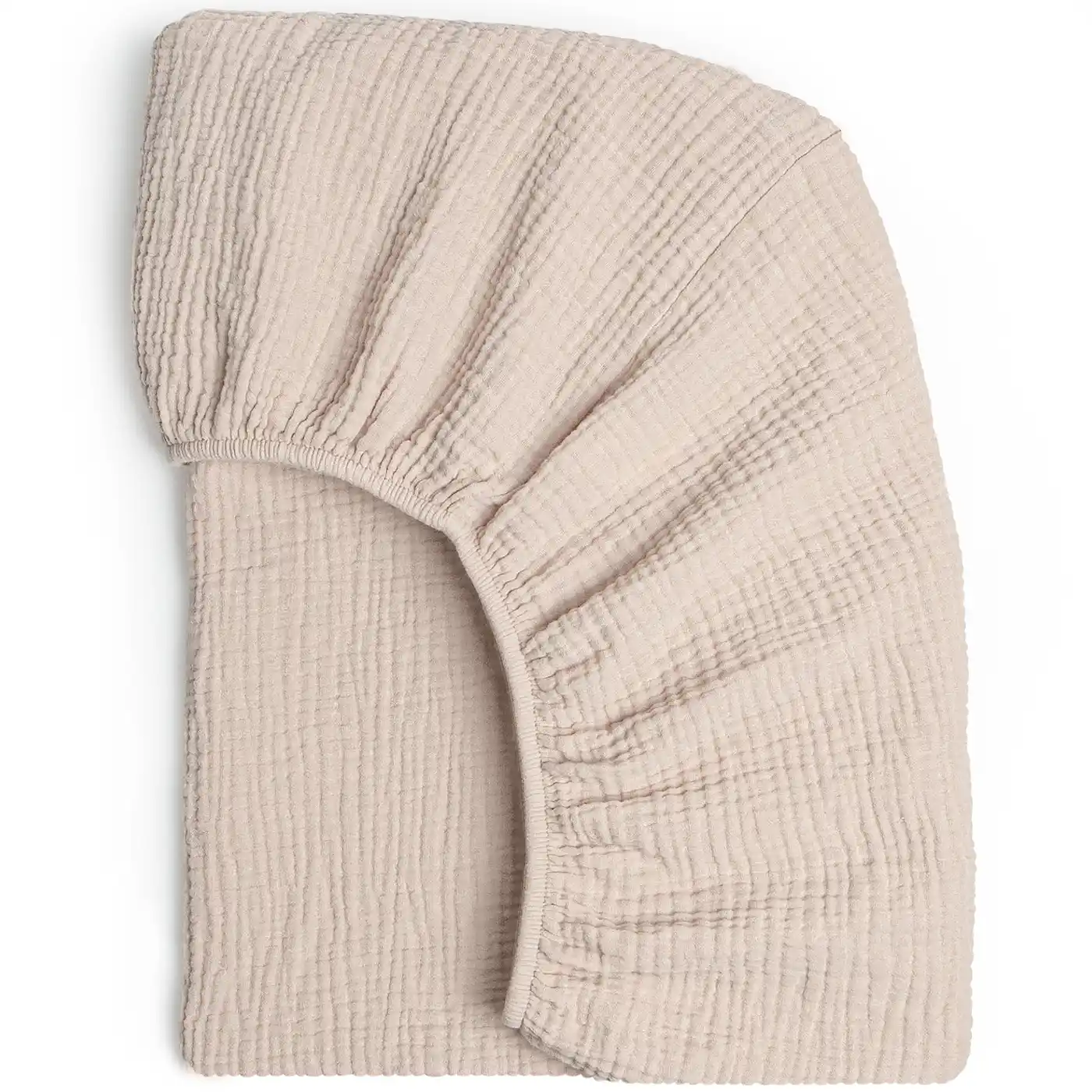 Light pink 28x52 fitted crib sheet with visible stitching and deep fit