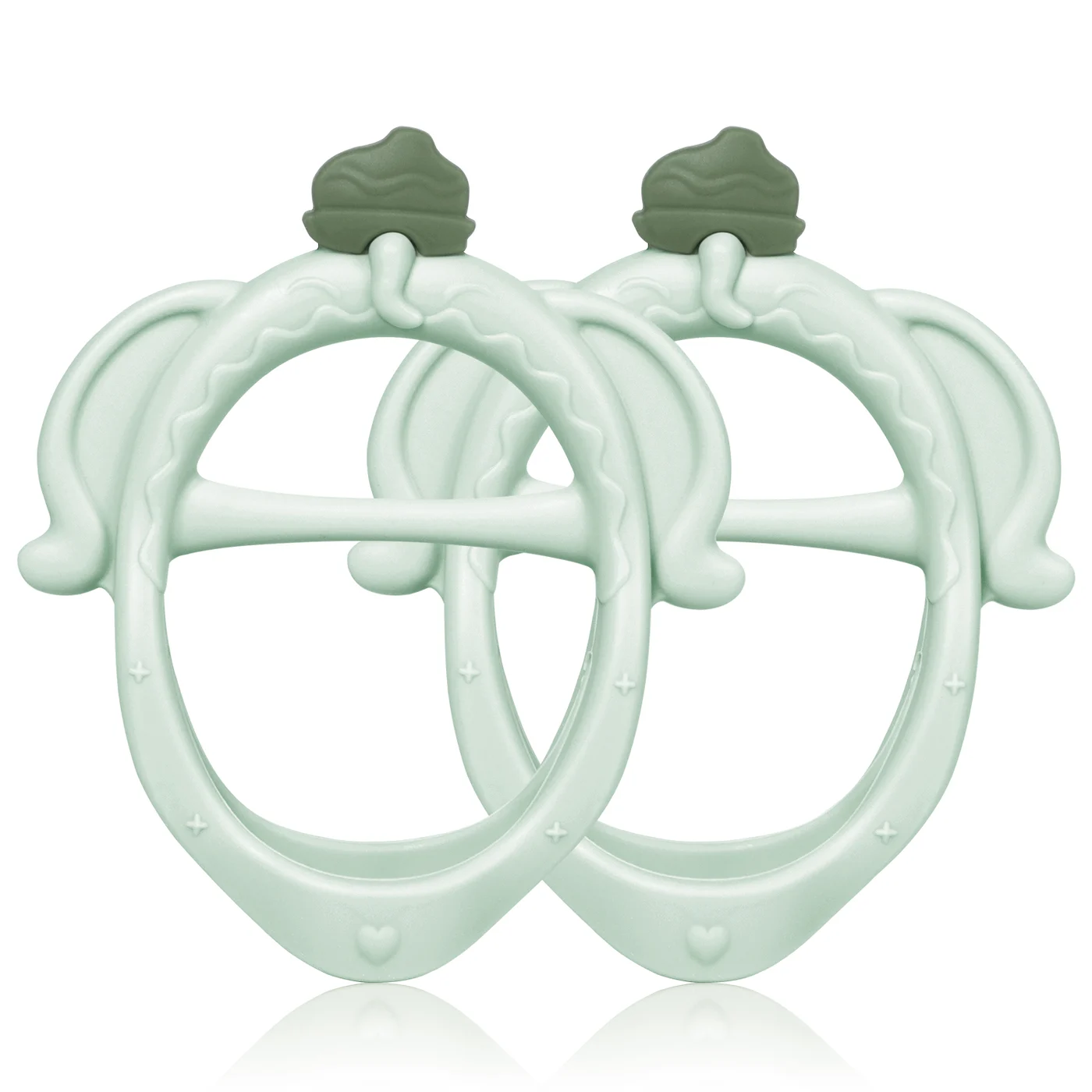 Close-up of the elephant teether's face, highlighting the soft silicone surface