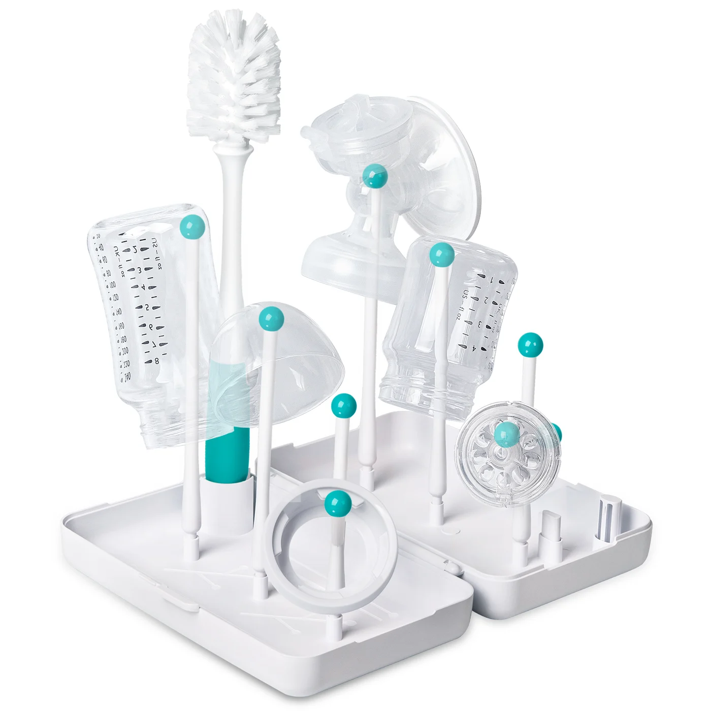Grey drying rack with six stands and bottle brush in place