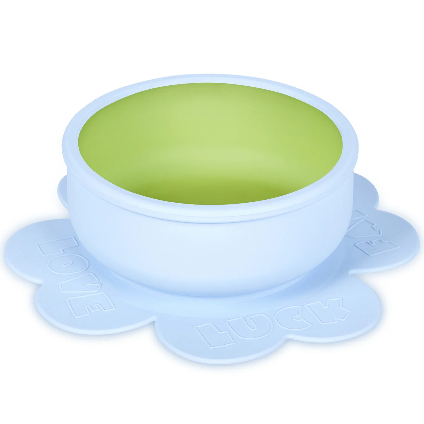 Apple-shaped silicone baby bowl with strong suction base on a white table