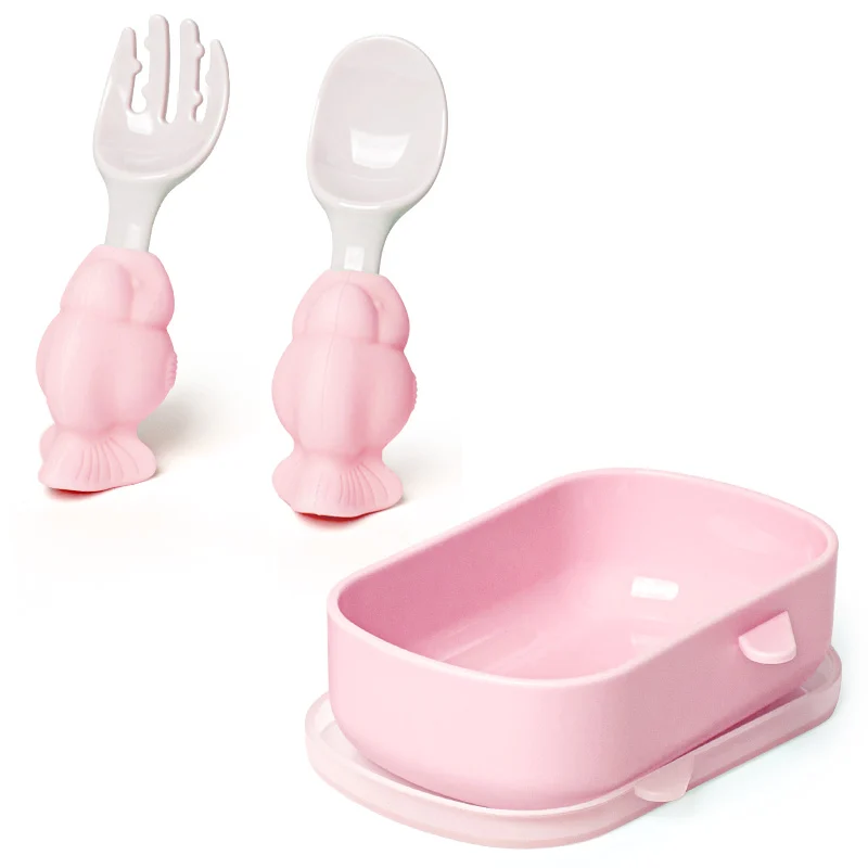Pink baby spoon and fork set in a transparent PP storage box