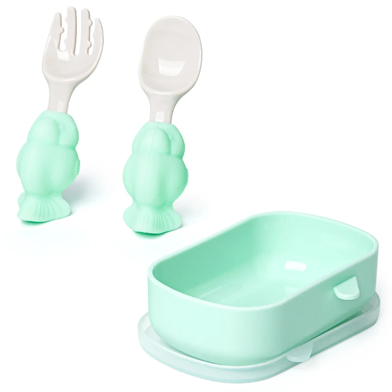 Blue baby spoon and fork set with rounded handle and transparent box