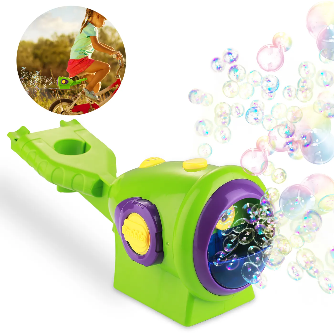 Bubble machine mounted on a bicycle wheel, producing bubbles in motion