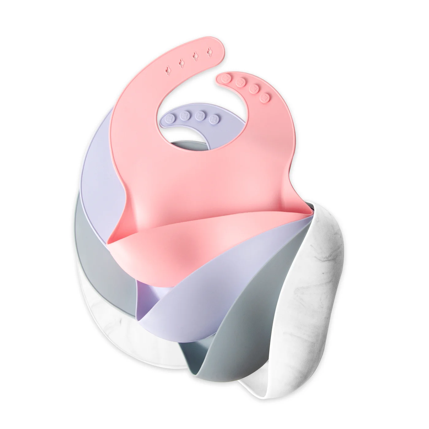 Green silicone baby bib laid flat, highlighting the adjustable buttons and pocket