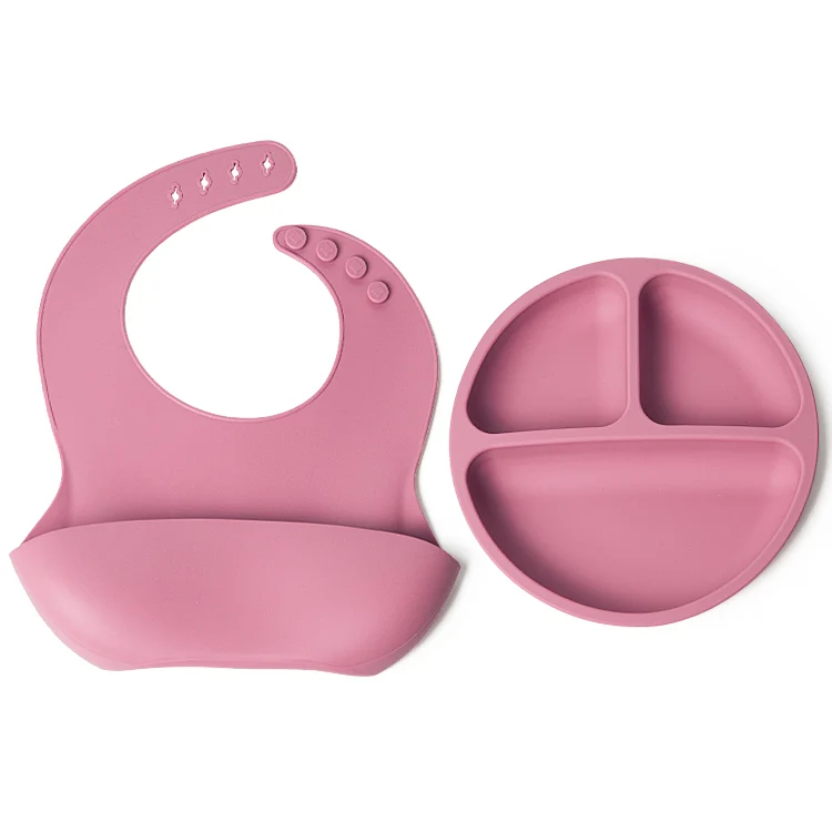 Silicone baby feeding set with divided plate and adjustable bib in white
