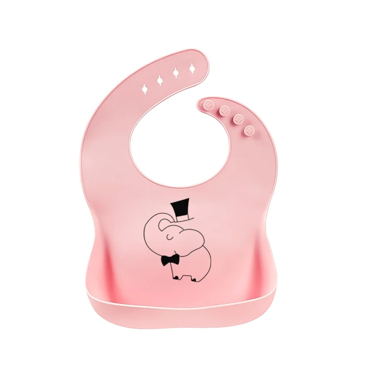Pink 4-level adjustable silicone baby bib with front pocket open