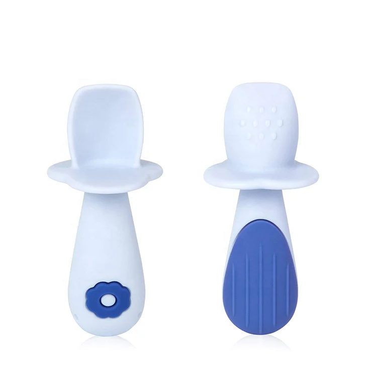 White silicone baby spoon with anti-choking barrier and textured handle