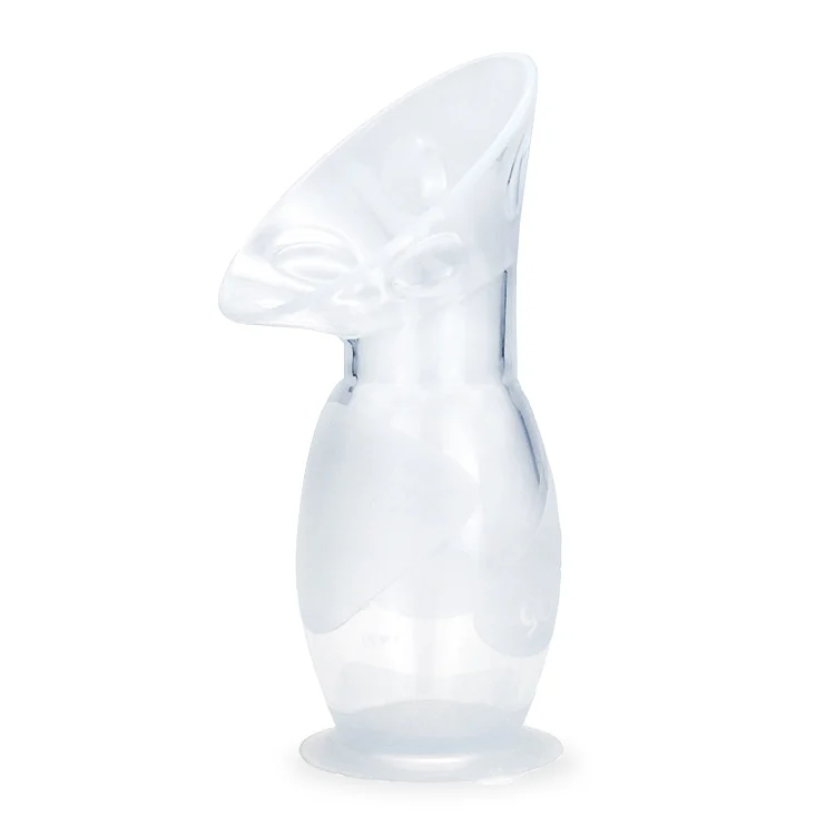 90ml manual hand-free breast pump in white, standing upright with strap attached