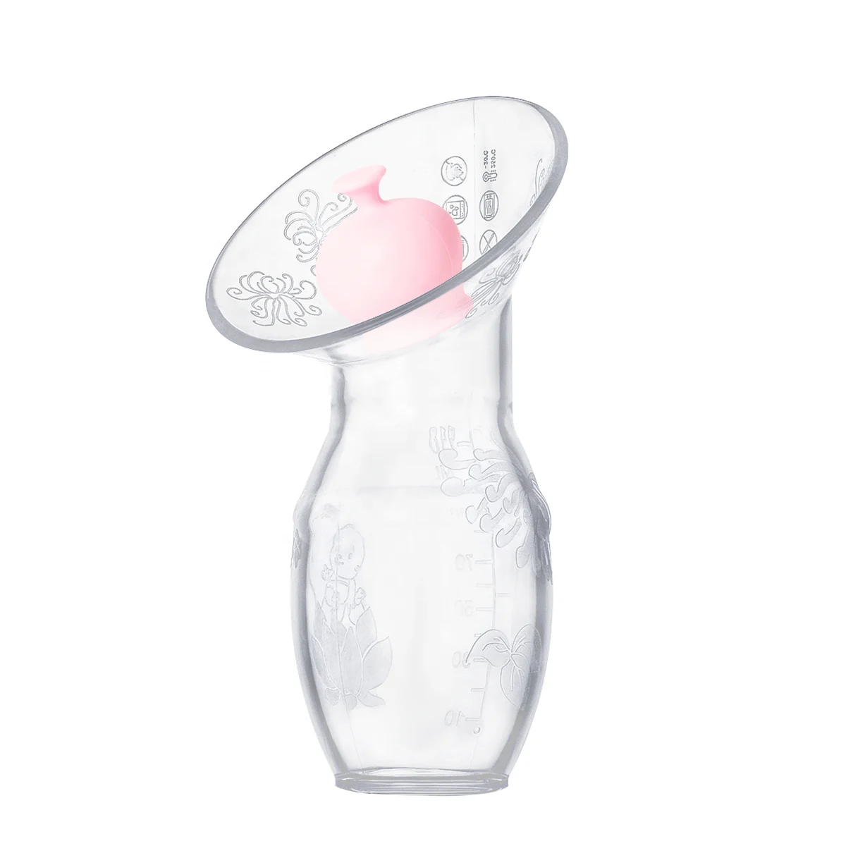 90ml manual silicone breast pump in white, standing upright
