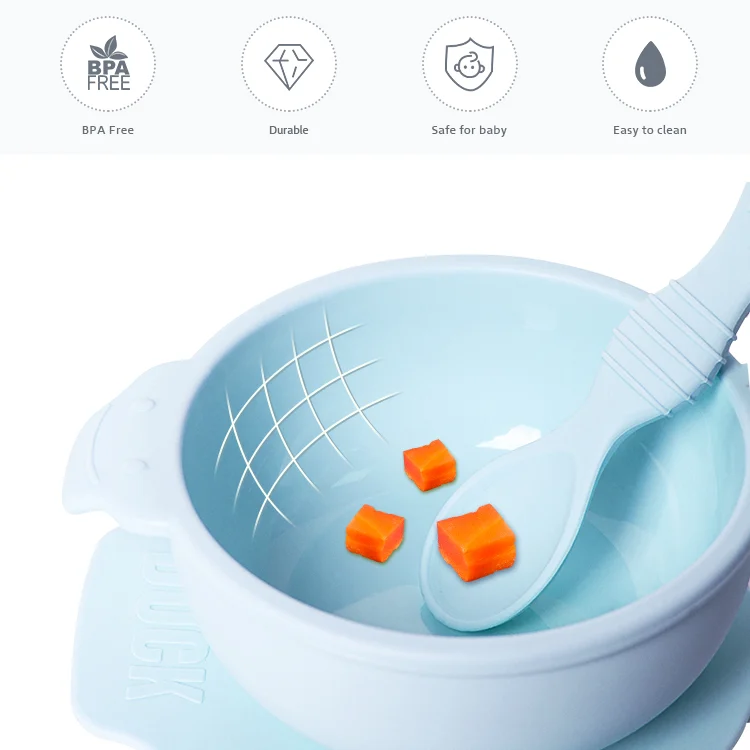Baby bowl and spoon set laid flat in an OPP bag