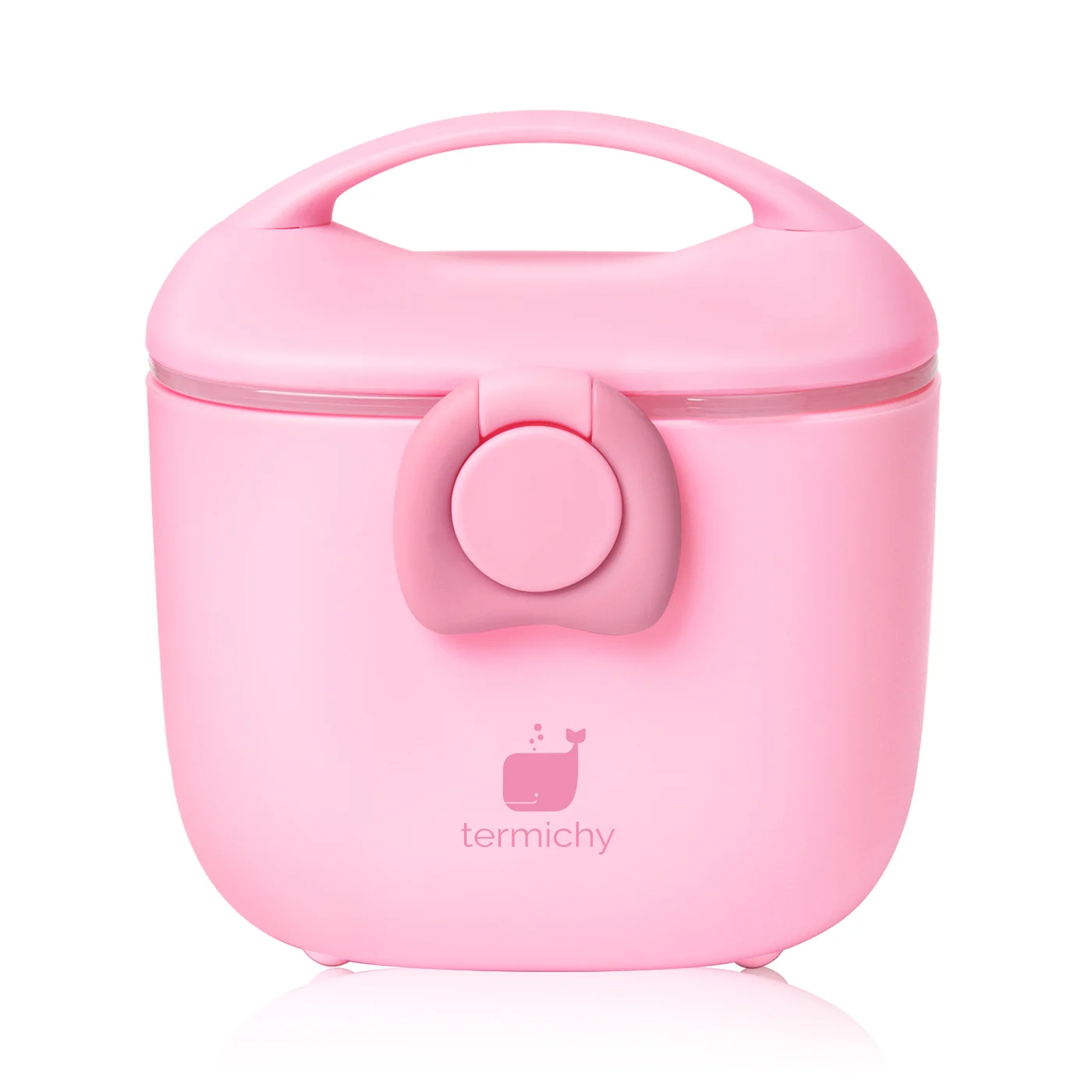 Grey 250g formula dispenser standing upright with lid open