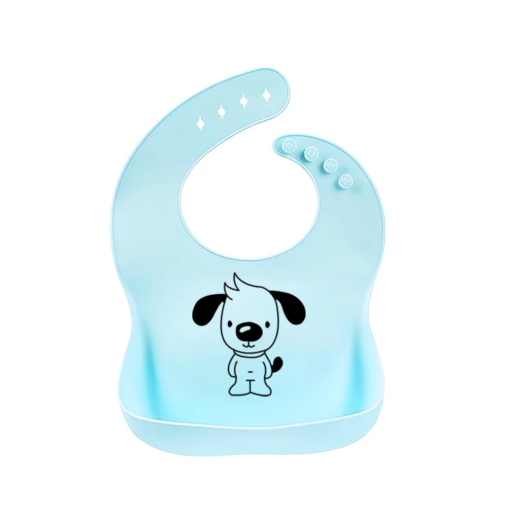 Blue silicone baby bib with adjustable buttons and soft straps