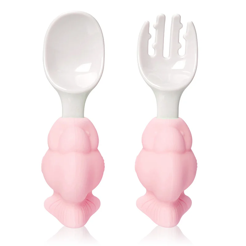 Blue baby spoon and fork set with goldfish shape, held in a 90-degree grip position