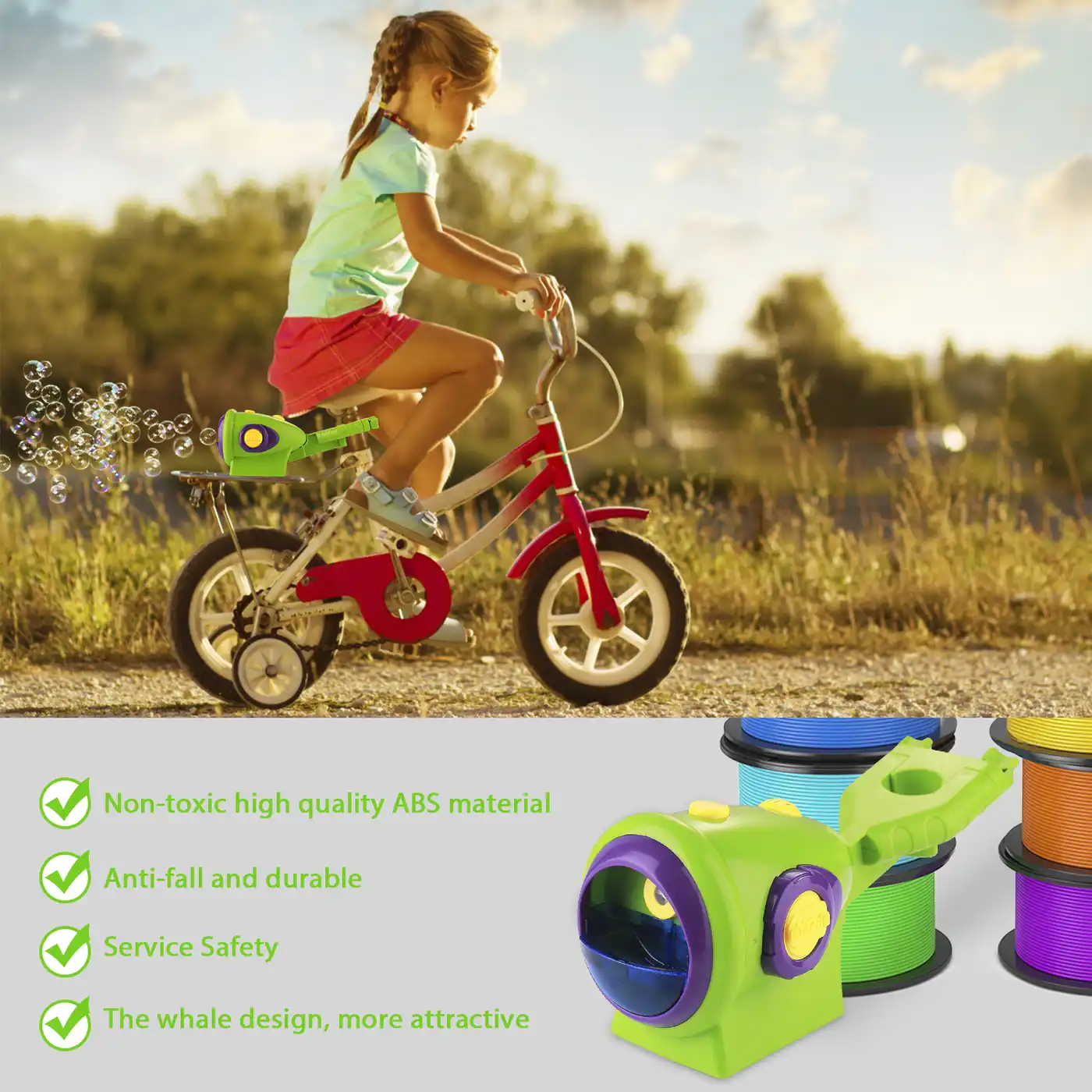 Side view of the bubble machine showing the compact design and handle