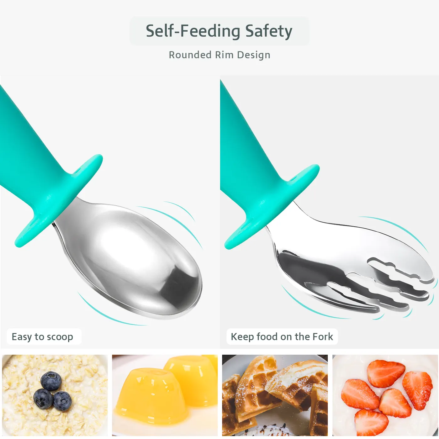 Close-up of the rounded edge on the stainless steel fork, safe for toddler use