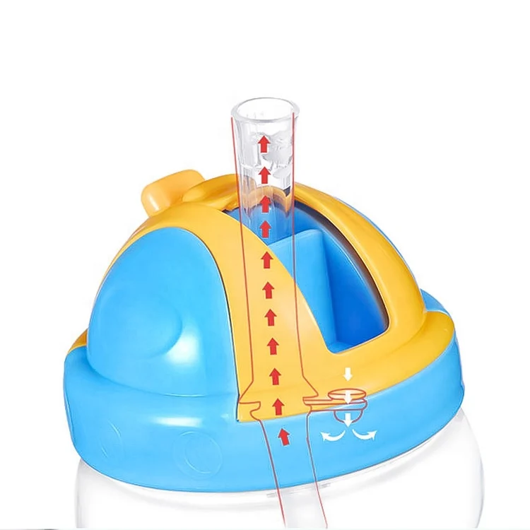 Bottle in use, a toddler holding it with both hands, straw in mouth