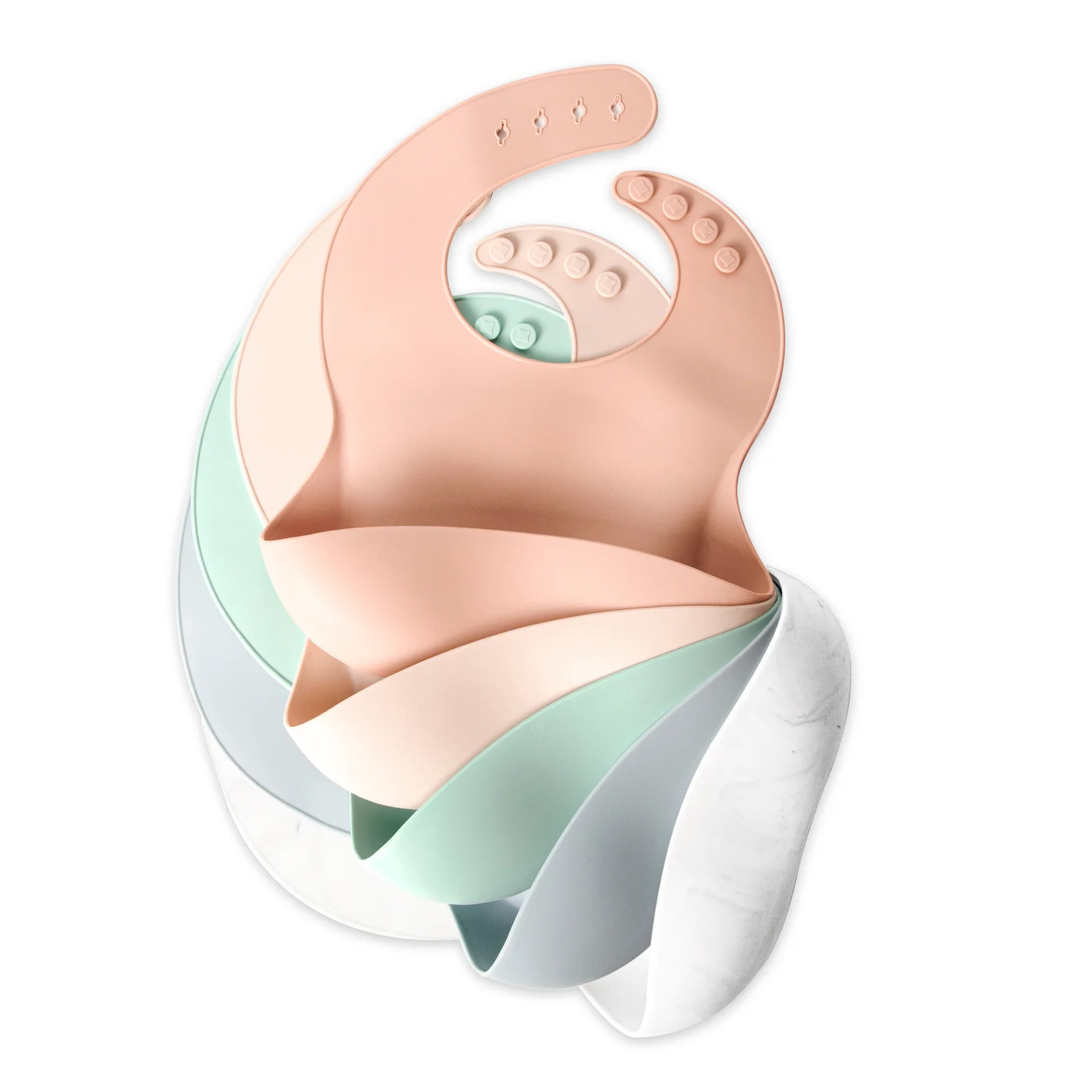 Blue silicone baby bib worn by a baby, showing the front pocket catching food