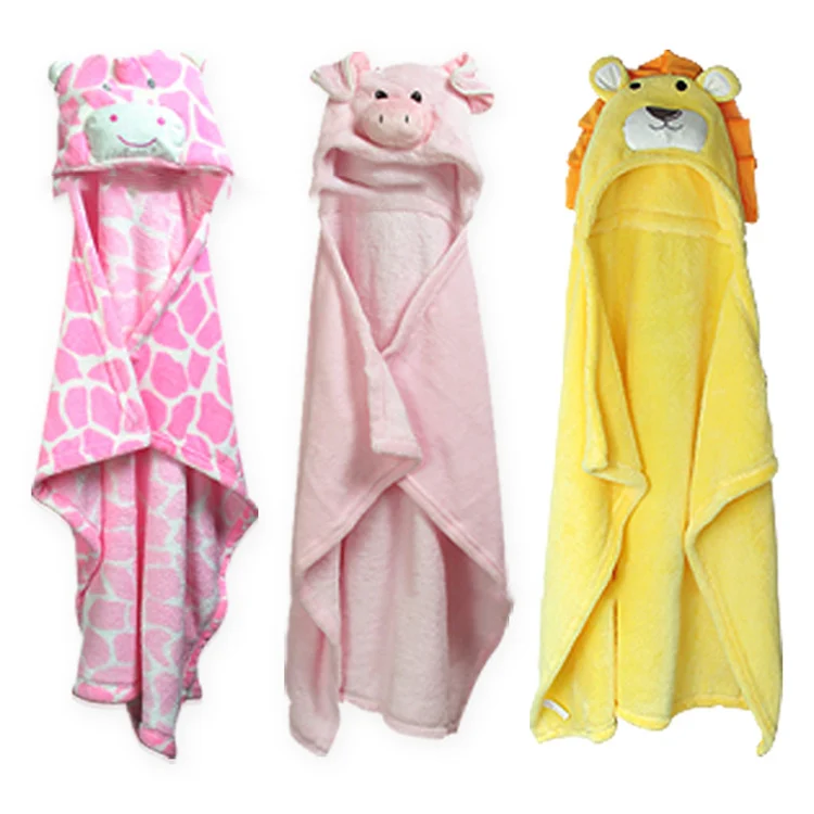 Pink animal hooded fleece baby blanket with a bear-shaped hood, unfolded and laid flat